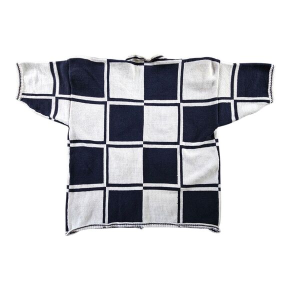 Vtg Patchwork Hearts Cardigan Sweater Medium Embroidered Short Sleeve Blue White - Picture 2 of 9